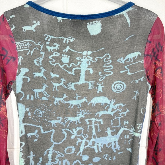 Jane Doe Y2K 90s Grunge Vintage Mesh Sleeve Top Size Medium Floral Blue Red - Picture 7 of 13